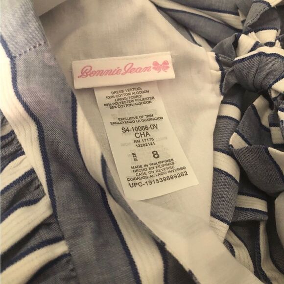 NWT Bonnie Jean Girl’s Blue & White Stripe Summer Dress Back Bow Ruffle Sleeves - Picture 6 of 6